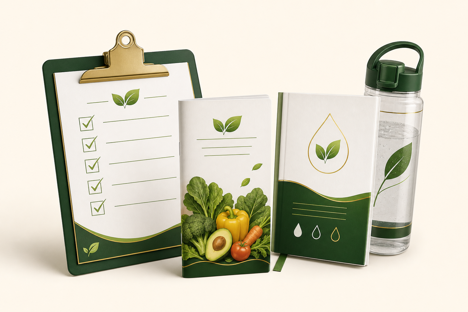 Conjunto visual dos três bônus: checklist, lista de alimentos e guia de hidratação