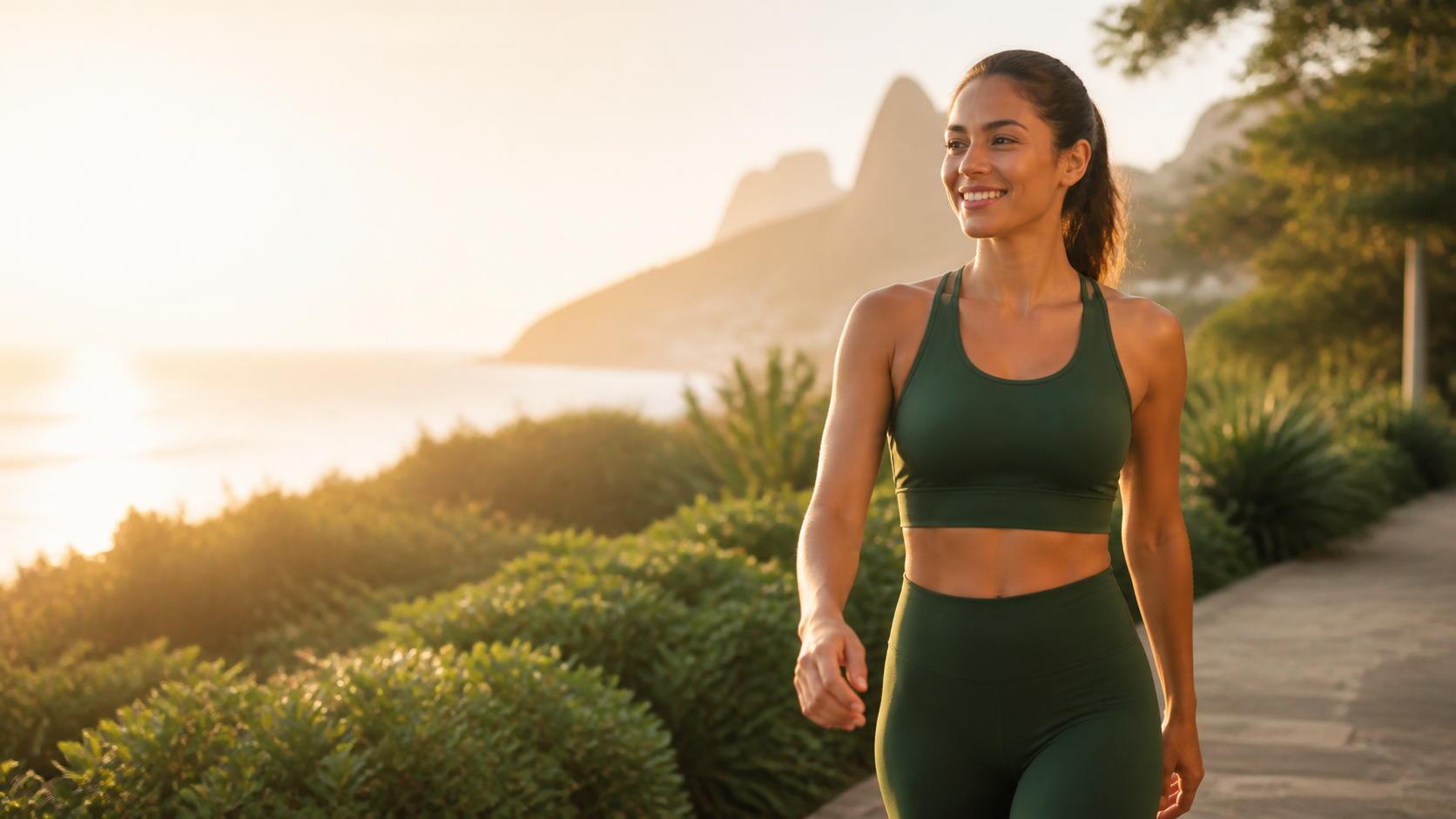 Mulher adulta caminhando ao nascer do sol