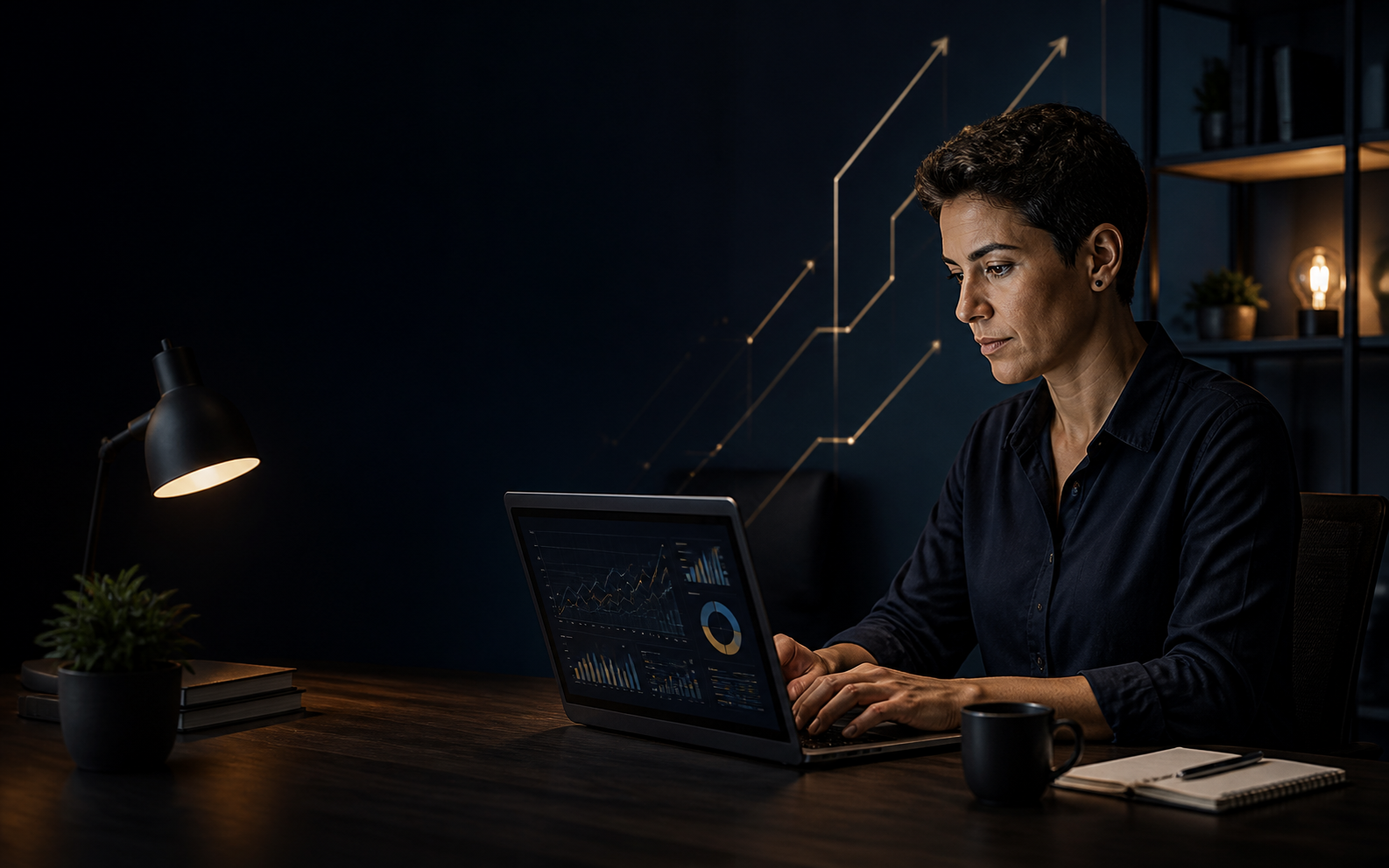 Pessoa trabalhando em um negócio digital com um painel de métricas